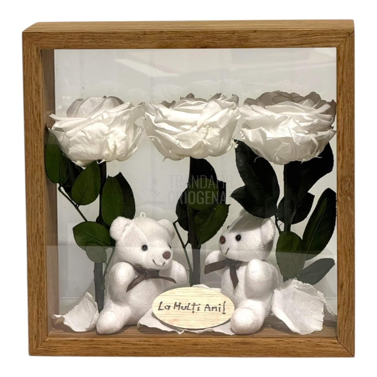 Aranjament De Masă Cu 3 Trandafiri Criogenați Albi Mesaj Personalizat Și 2 Ursuleți De Plus Cadoul Perfect - Trandafir - Criogenat.ro