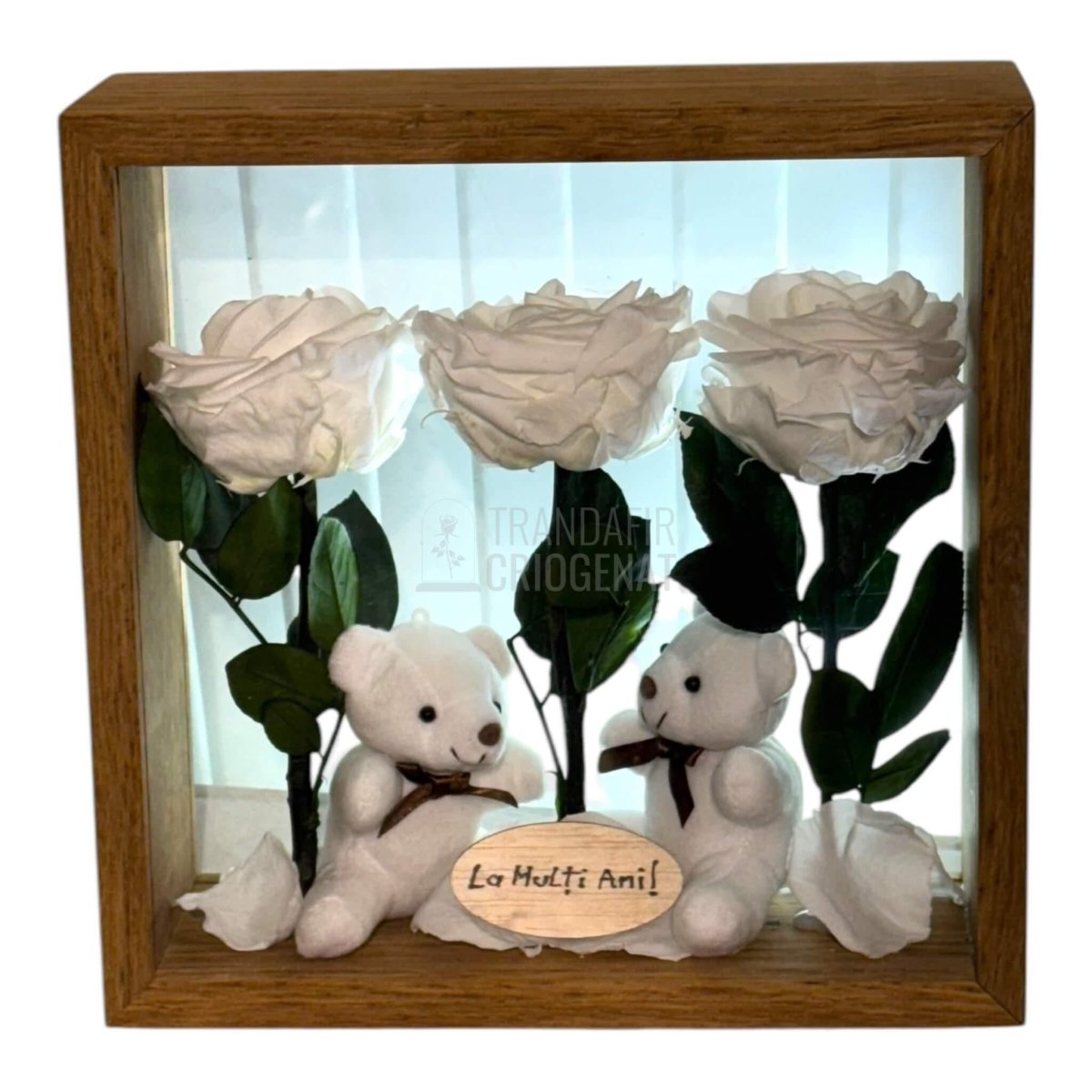 Aranjament De Masă Cu 3 Trandafiri Criogenați Albi Mesaj Personalizat Și 2 Ursuleți De Plus Cadoul Perfect - Trandafir - Criogenat.ro