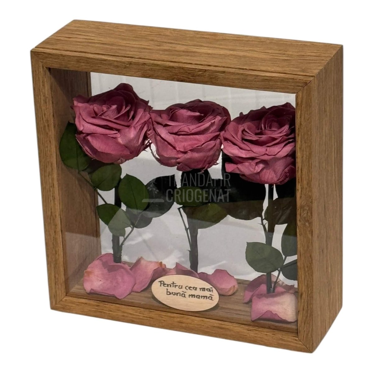 Aranjament De Masă Cu 3 Trandafiri Criogenați Mov Pudrat Și Mesaj Personalizat Eleganță Și Naturalețe - Trandafir - Criogenat.ro