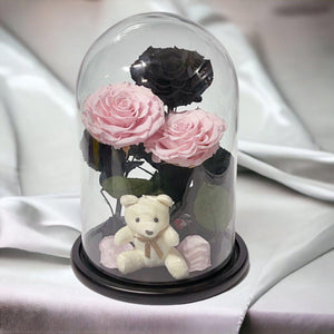Aranjament Elegant Cu 3 Trandafiri Criogenati În Cupolă De Sticlă Roz Pal Negru - Trandafir - Criogenat.ro