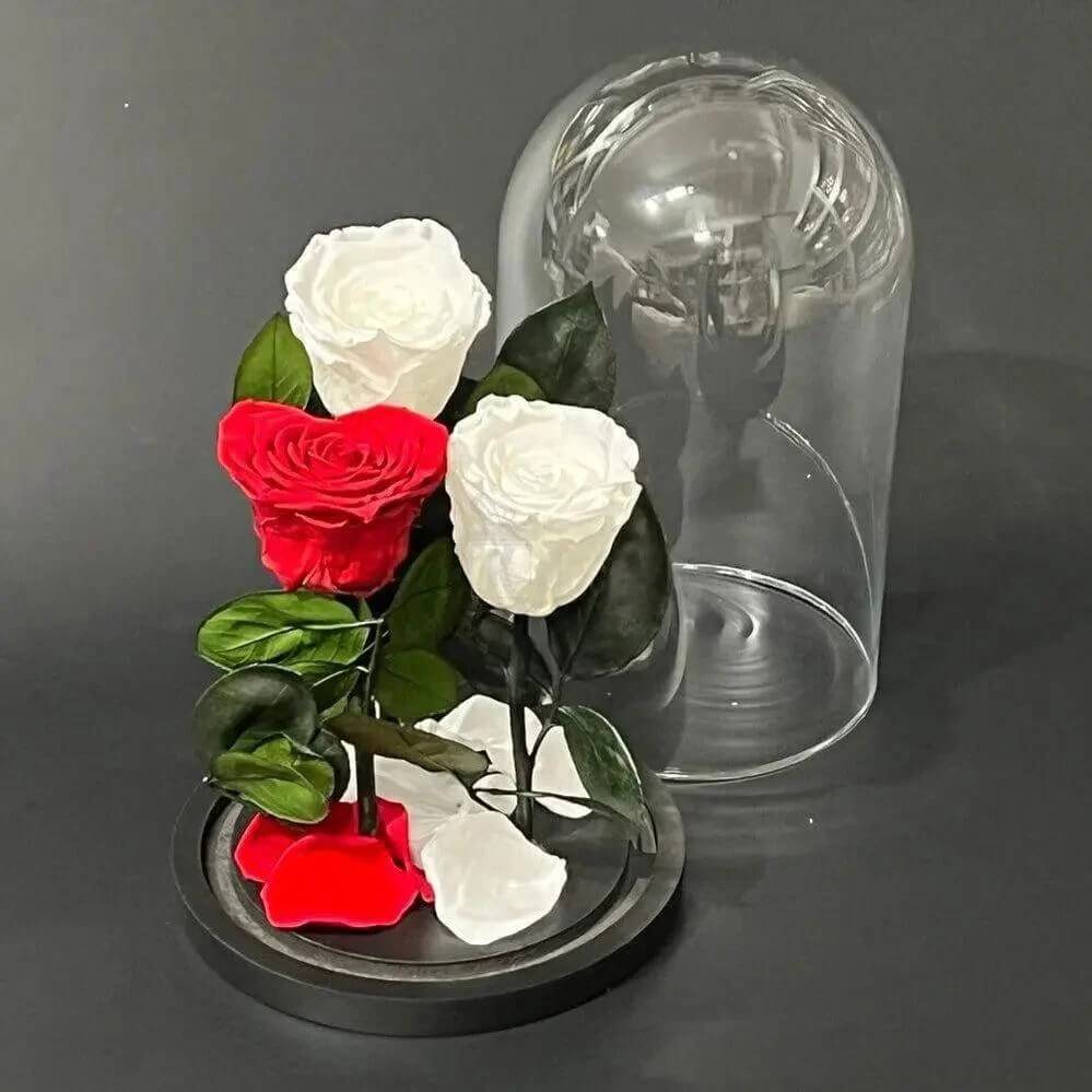 Aranjament Floral Cu Trandafiri Criogenati In Forma De Inima 2 Albi Si 1 Rosu - Trandafir - Criogenat.ro