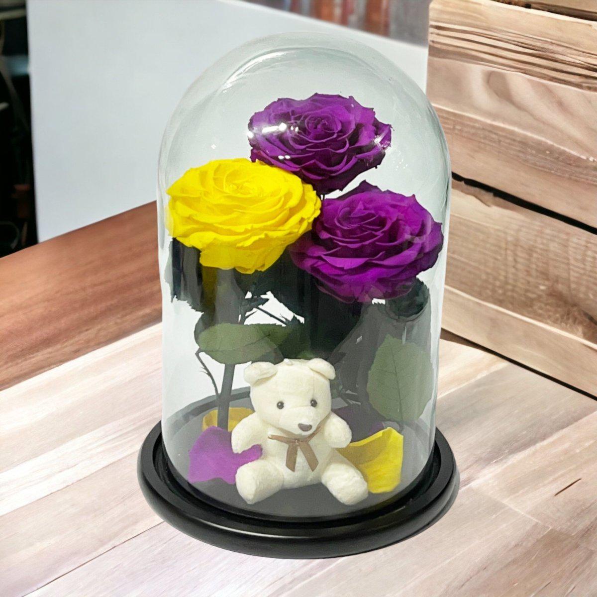 Aranjament Lux Cu 3 Trandafiri Criogenati In Cupola De Sticla Eleganta Superba - Trandafir - Criogenat.ro