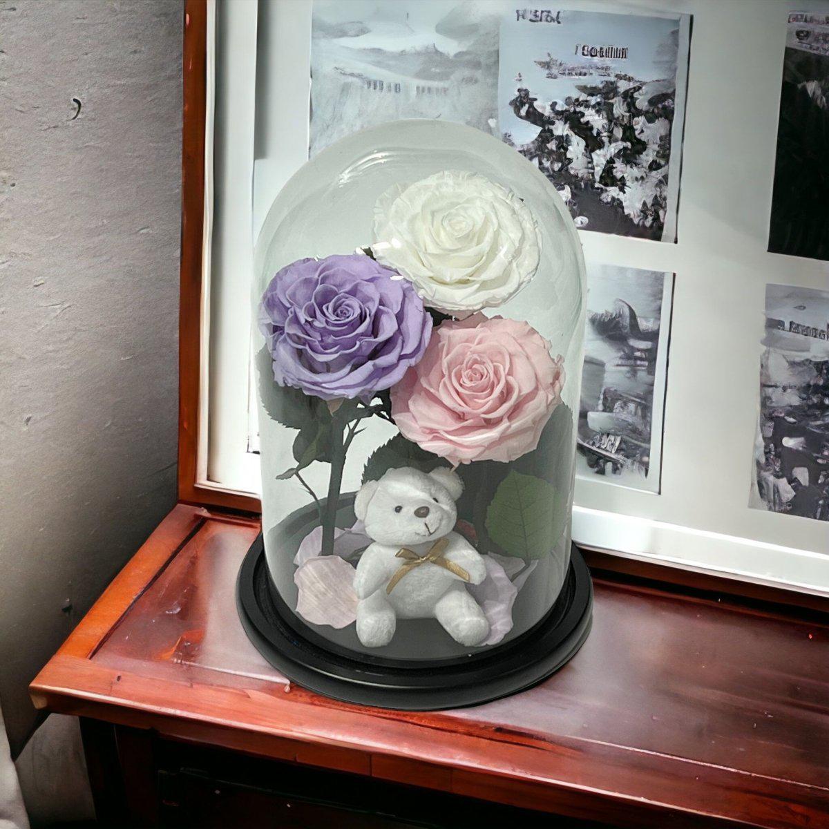 Buchet Elegant Cu 3 Trandafiri Criogenati Alb Lila Roz Pal În Cupolă De Sticlă - Trandafir - Criogenat.ro