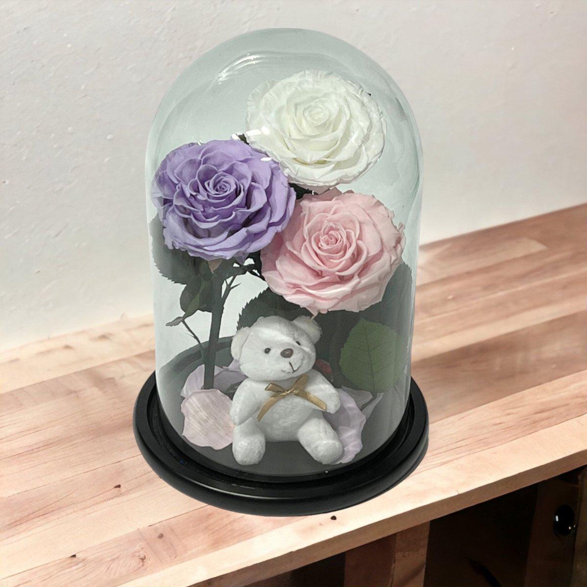 Buchet Elegant Cu 3 Trandafiri Criogenati Alb Lila Roz Pal În Cupolă De Sticlă - Trandafir - Criogenat.ro
