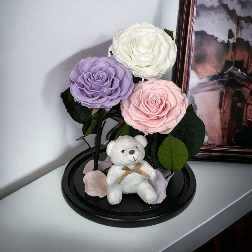 Buchet Elegant Cu 3 Trandafiri Criogenati Alb Lila Roz Pal În Cupolă De Sticlă - Trandafir - Criogenat.ro