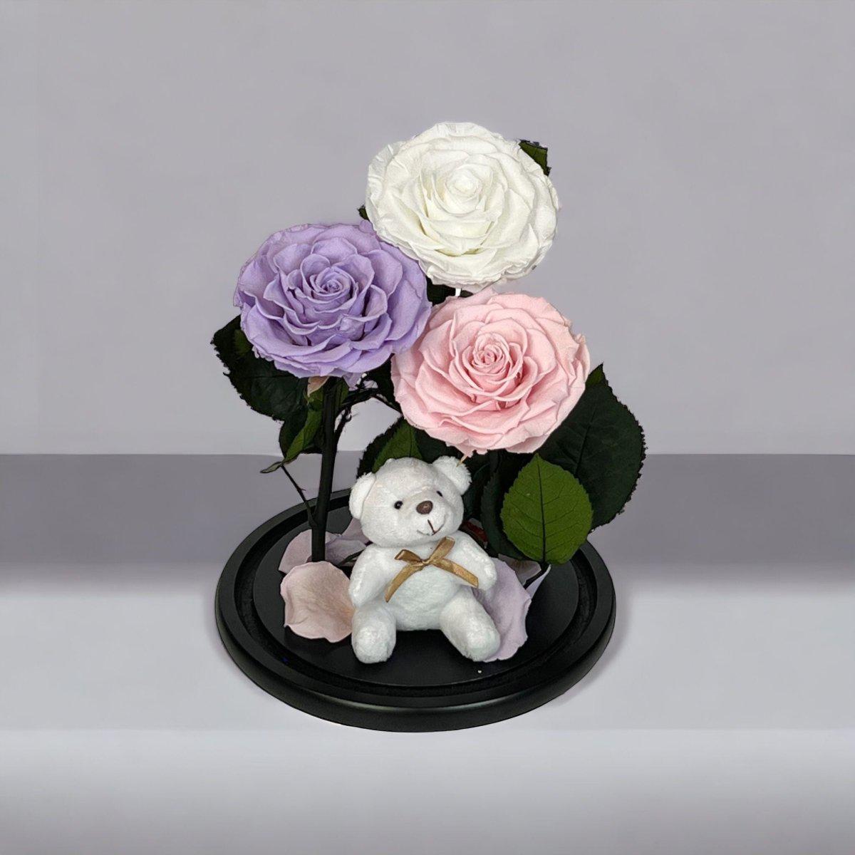 Buchet Elegant Cu 3 Trandafiri Criogenati Alb Lila Roz Pal În Cupolă De Sticlă - Trandafir - Criogenat.ro