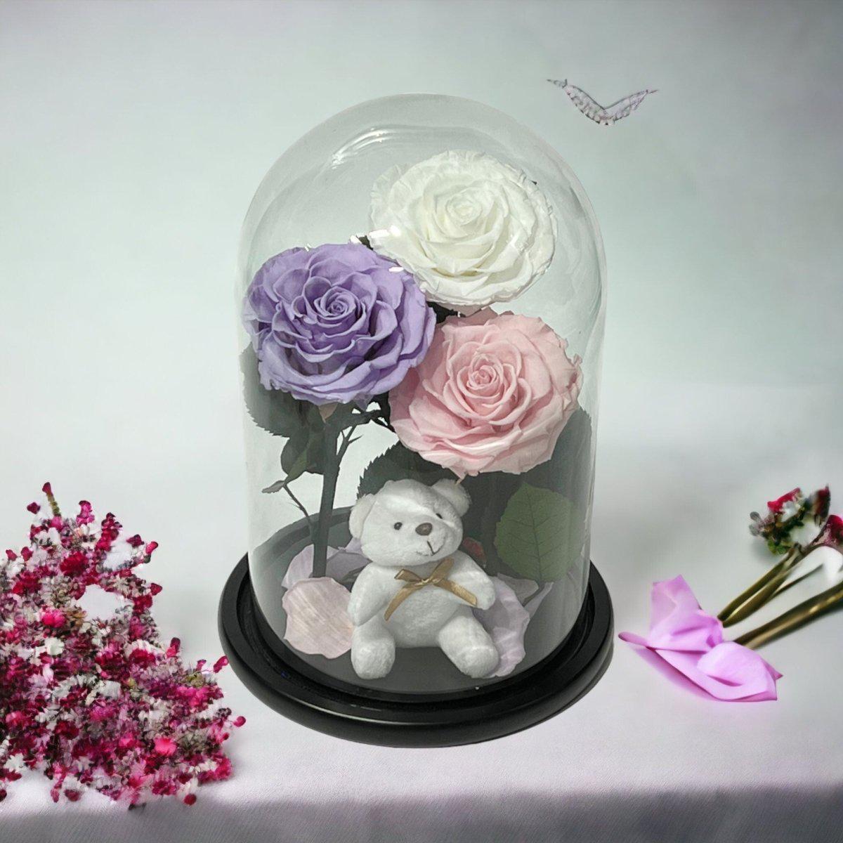 Buchet Elegant Cu 3 Trandafiri Criogenati Alb Lila Roz Pal În Cupolă De Sticlă - Trandafir - Criogenat.ro