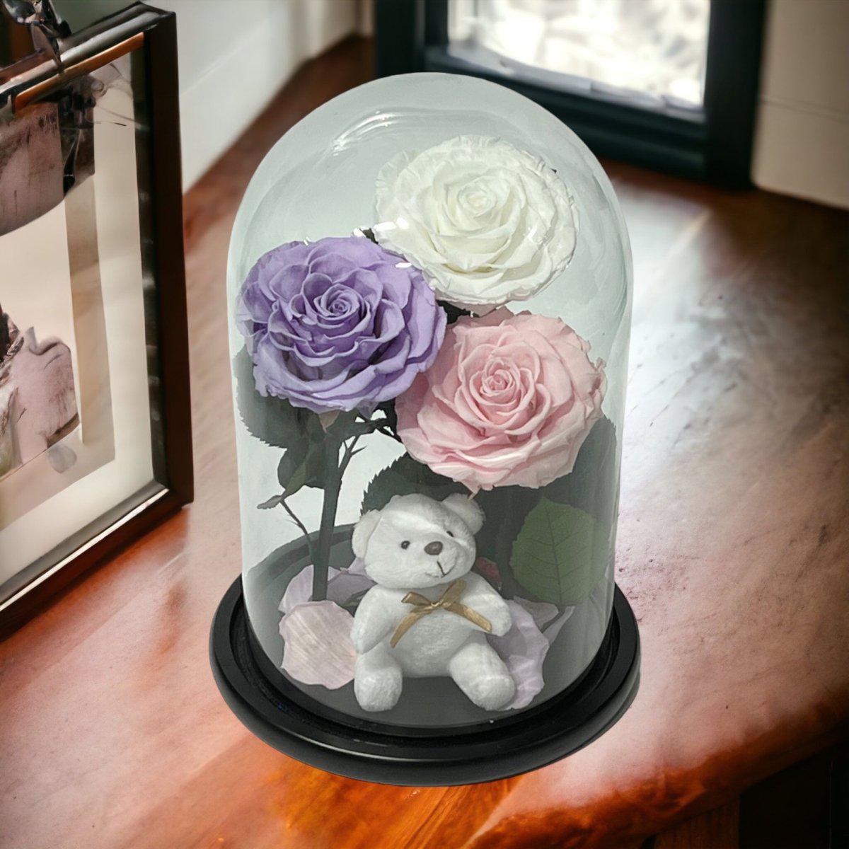 Buchet Elegant Cu 3 Trandafiri Criogenati Alb Lila Roz Pal În Cupolă De Sticlă - Trandafir - Criogenat.ro