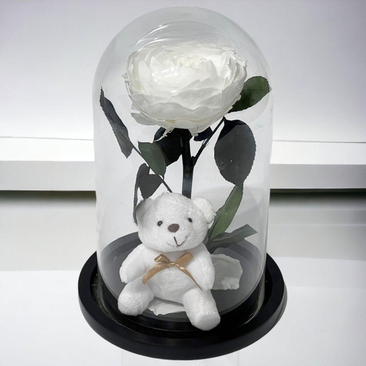 Bujor Criogenat Alb În Cupolă De Sticlă Cu Bază Din Lemn Negru Ø10cm 15x25cm - Trandafir - Criogenat.ro