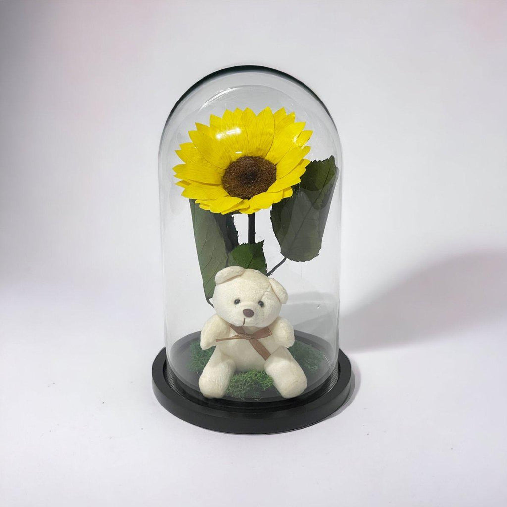 Cupolă Cu Floarea Soarelui Criogenată De 10 - 12 Cm Cu Ursuleț Mesaj Personalizat - Trandafir - Criogenat.ro