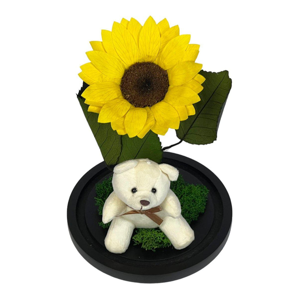 Cupolă Cu Floarea Soarelui Criogenată De 10 - 12 Cm Cu Ursuleț Mesaj Personalizat - Trandafir - Criogenat.ro