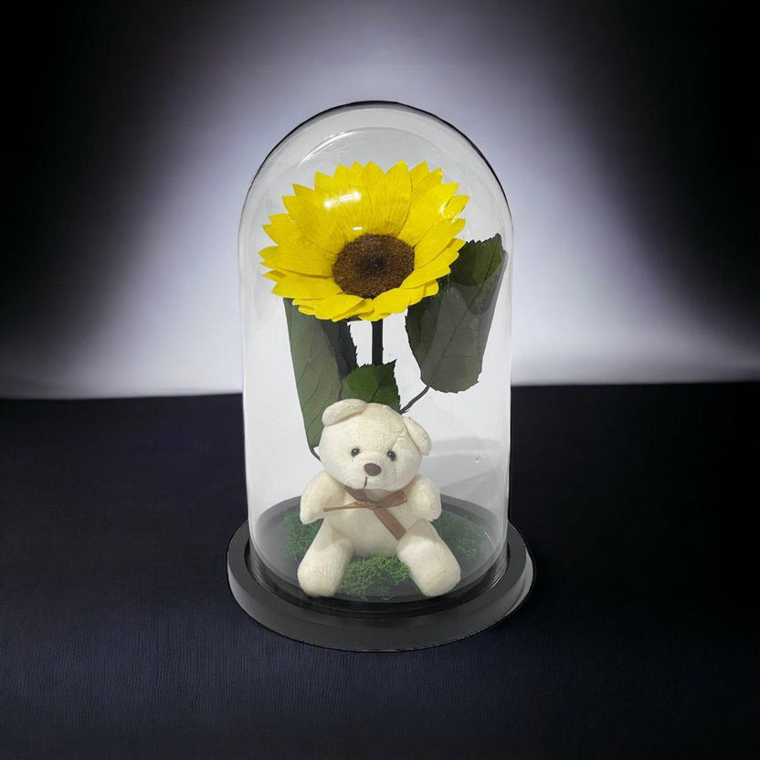 Cupolă Cu Floarea Soarelui Criogenată De 10 - 12 Cm Cu Ursuleț Mesaj Personalizat - Trandafir - Criogenat.ro