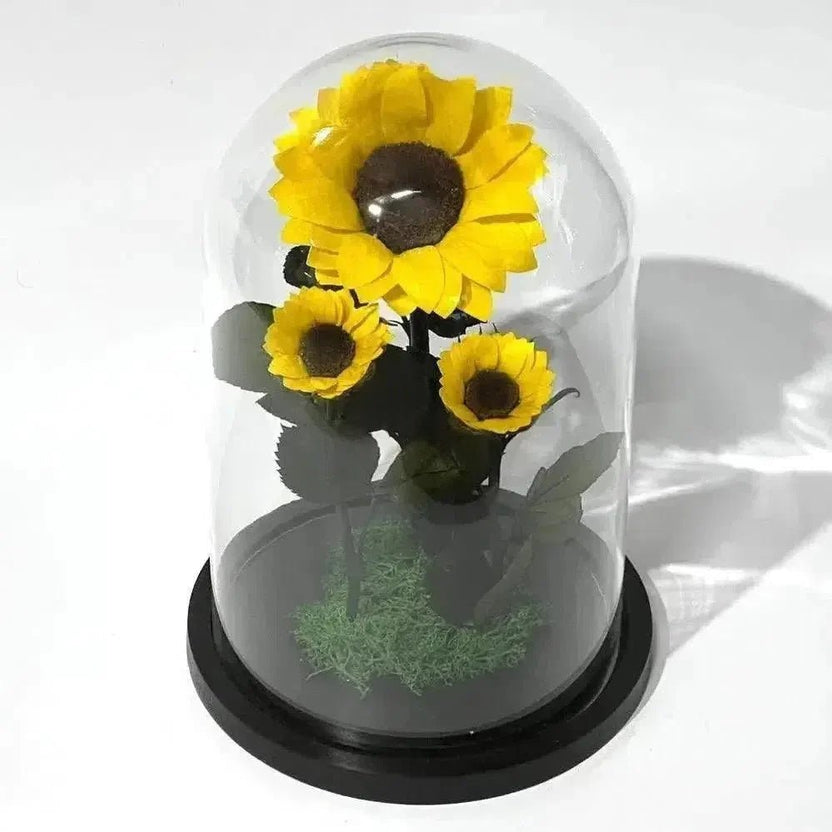 Floarea Soarelui Criogenată cu Două Floricele Adiționale în Cupolă de Sticlă - Trandafir - Criogenat.ro