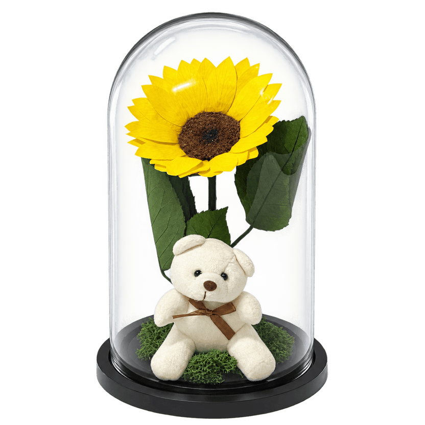 Floarea-soarelui criogenată galbenă în cupolă de sticlă 15 × 25 cm, cu ursuleț, cu mesaj - Trandafir-Criogenat.ro
