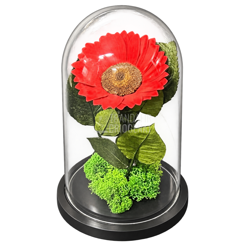 Floarea-soarelui criogenată roșie în cupolă de sticlă 15 × 25 cm, cu mesaj - Trandafir-Criogenat.ro