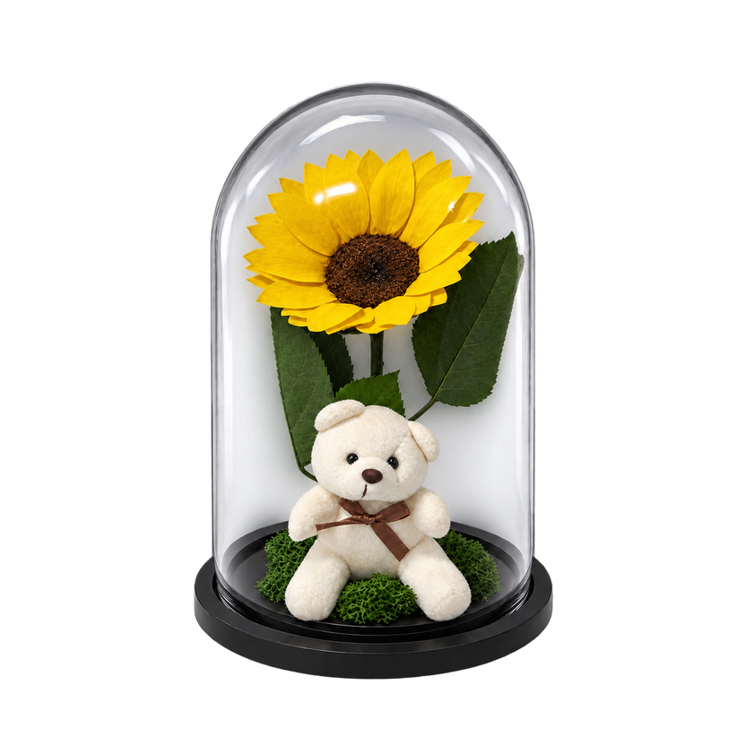 Floarea-soarelui criogenată XXL galbenă în cupolă de sticlă 15 × 25 cm - Trandafir-Criogenat.ro