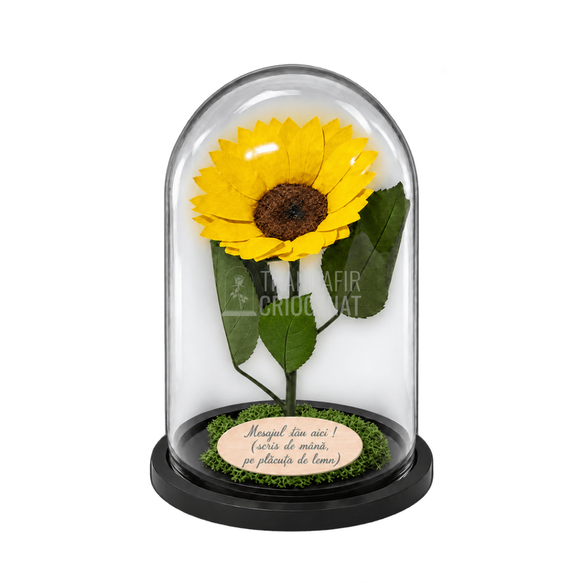 Floarea-soarelui criogenată XXL galbenă în cupolă de sticlă 15 × 25 cm - Trandafir-Criogenat.ro