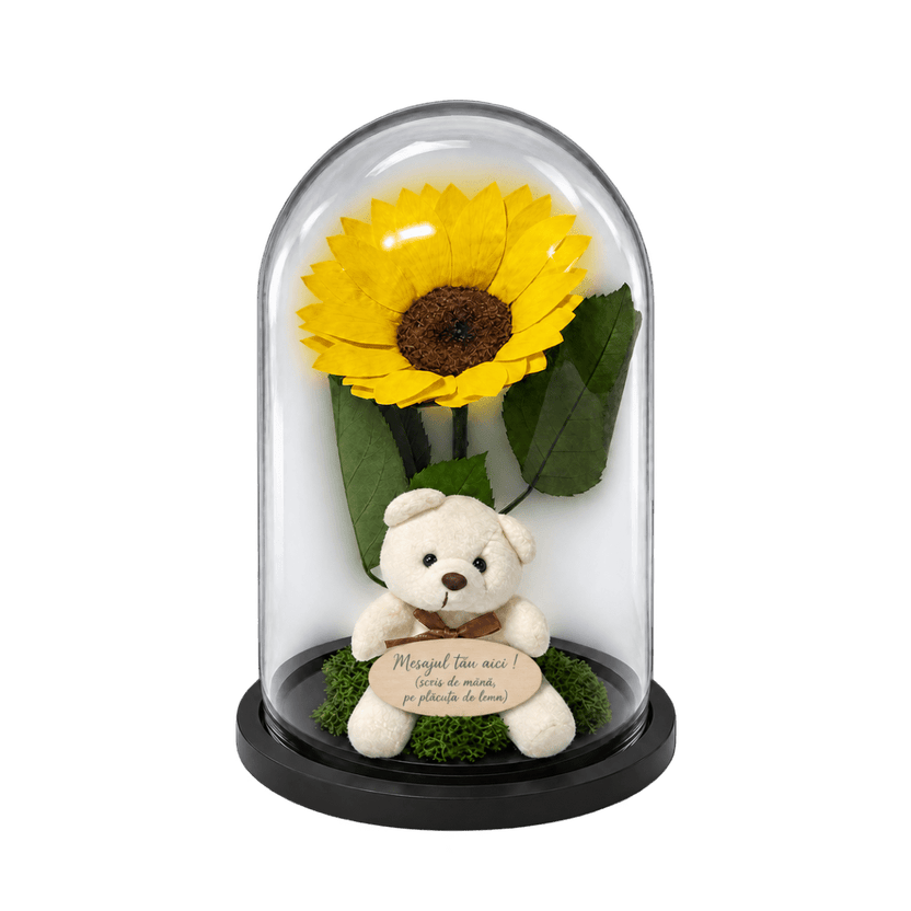 Floarea-soarelui criogenată XXL galbenă în cupolă de sticlă 15 × 25 cm - Trandafir-Criogenat.ro