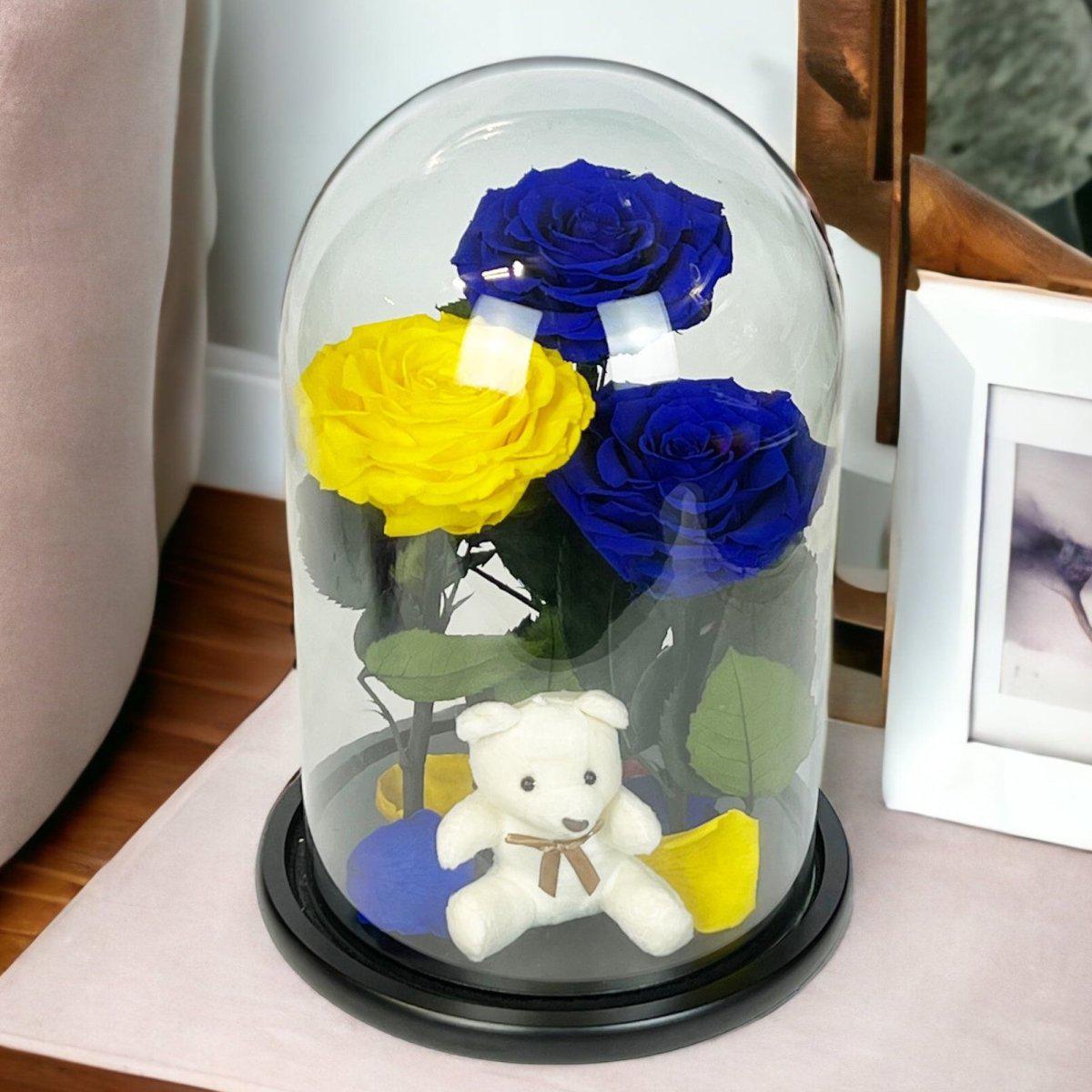 Set Cadou Trandafiri Criogenati Albastre Galben Cupolă Sticlă Ursuleț Pufos - Trandafir - Criogenat.ro