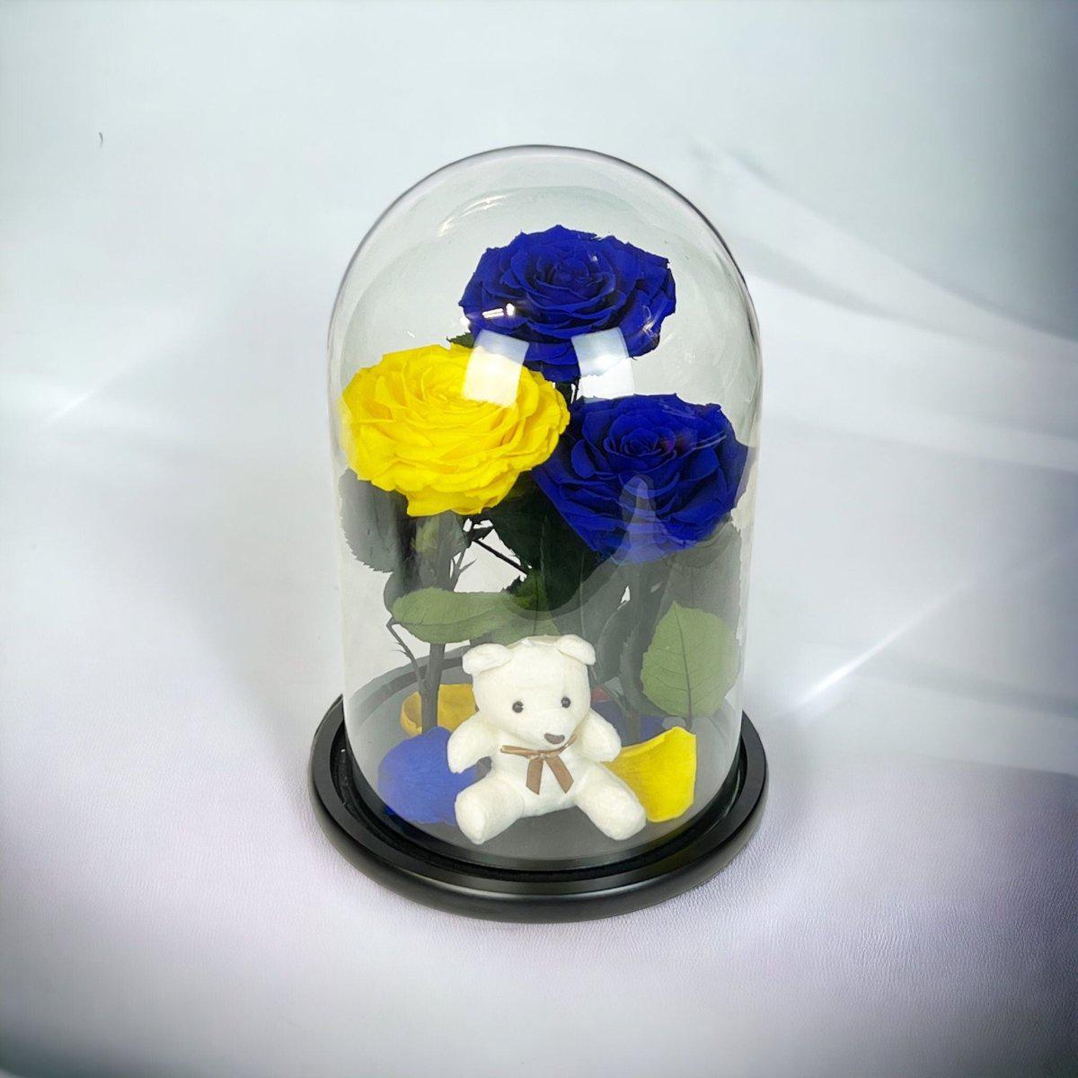 Set Cadou Trandafiri Criogenati Albastre Galben Cupolă Sticlă Ursuleț Pufos - Trandafir - Criogenat.ro