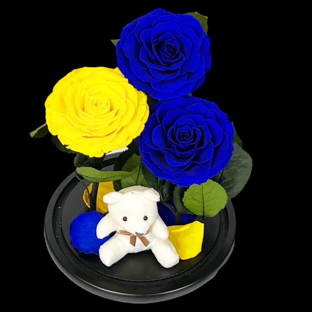 Set Cadou Trandafiri Criogenati Albastre Galben Cupolă Sticlă Ursuleț Pufos - Trandafir - Criogenat.ro