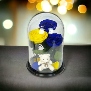 Set Cadou Trandafiri Criogenati Albastre Galben Cupolă Sticlă Ursuleț Pufos - Trandafir - Criogenat.ro