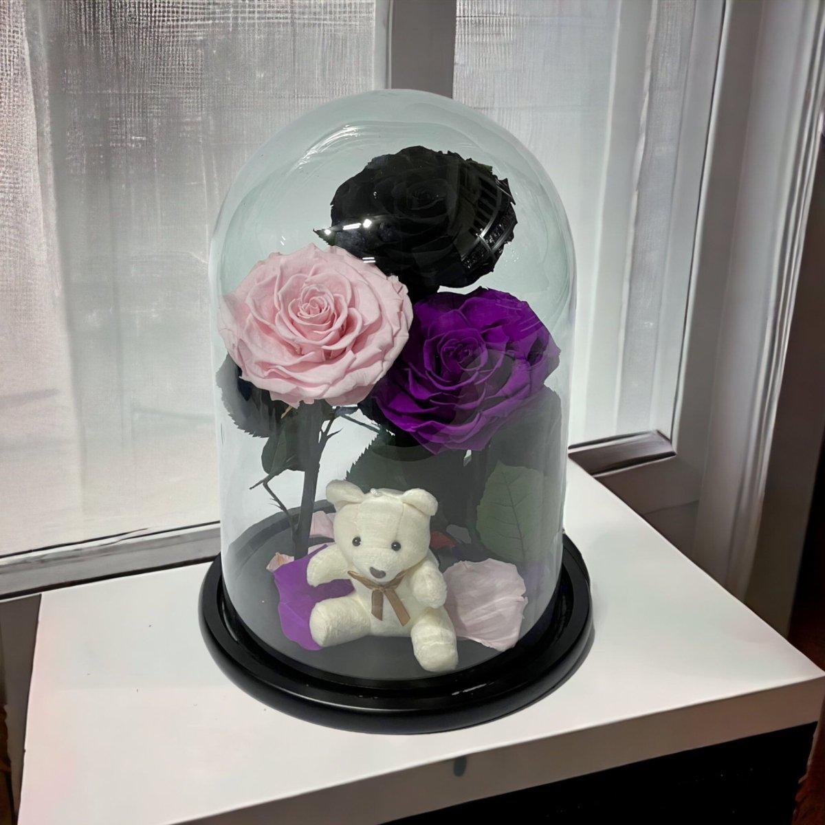 Set Cadou Trandafiri Criogenati Negru Roz Purpuriu sub Cupolă de Sticlă - Trandafir - Criogenat.ro