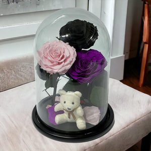 Set Cadou Trandafiri Criogenati Negru Roz Purpuriu sub Cupolă de Sticlă - Trandafir - Criogenat.ro