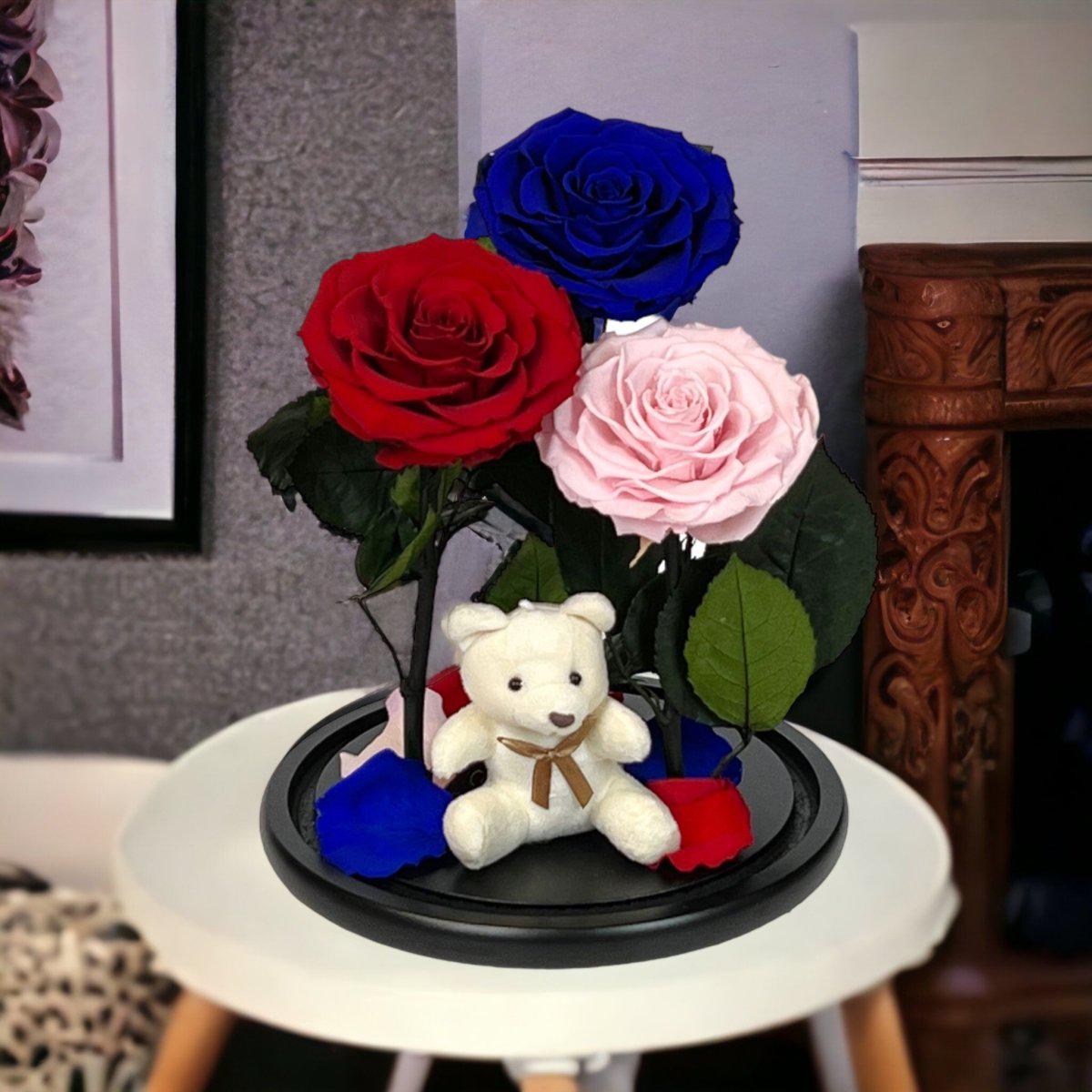 Set Cu 3 Trandafiri Criogenati În Cupolă Elegantă De Sticlă Roșu Albastru Roz - Trandafir - Criogenat.ro