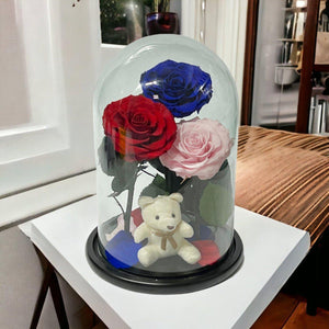 Set Cu 3 Trandafiri Criogenati În Cupolă Elegantă De Sticlă Roșu Albastru Roz - Trandafir - Criogenat.ro