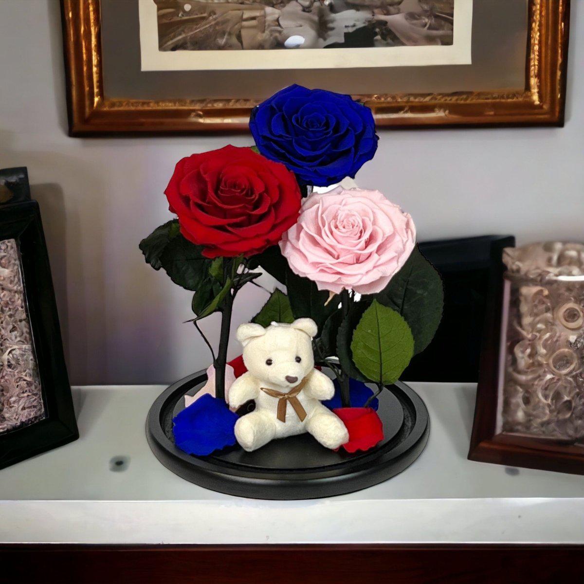 Set Cu 3 Trandafiri Criogenati În Cupolă Elegantă De Sticlă Roșu Albastru Roz - Trandafir - Criogenat.ro