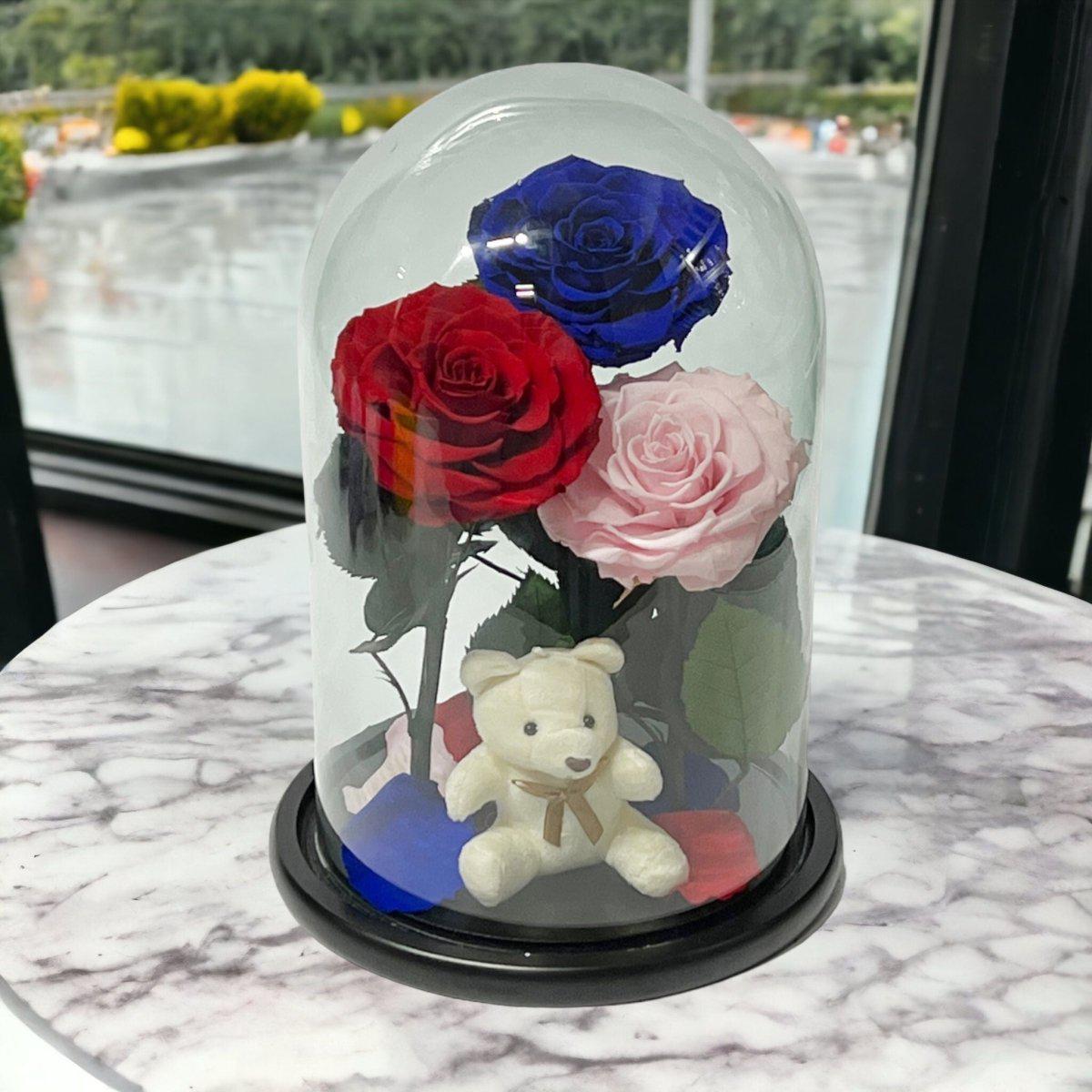 Set Cu 3 Trandafiri Criogenati În Cupolă Elegantă De Sticlă Roșu Albastru Roz - Trandafir - Criogenat.ro