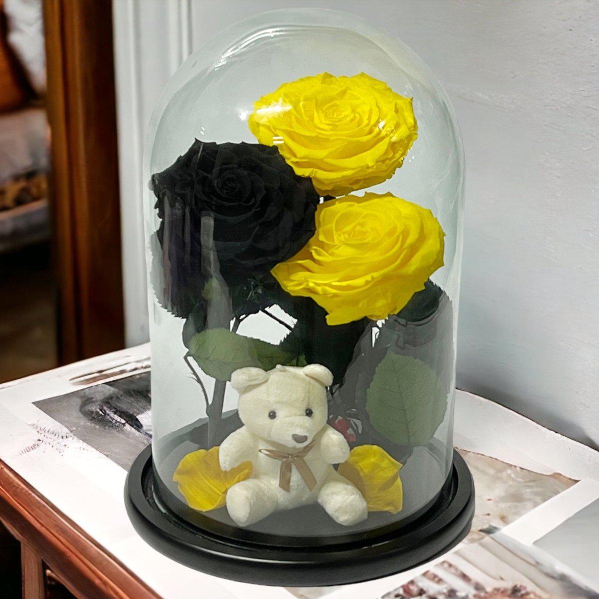 Set De 3 Trandafiri Criogenati 2 Galbeni 1 Negru În Cupolă De Sticlă Elegantă - Trandafir - Criogenat.ro