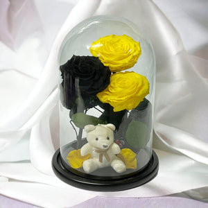 Set De 3 Trandafiri Criogenati 2 Galbeni 1 Negru În Cupolă De Sticlă Elegantă - Trandafir - Criogenat.ro