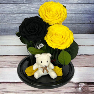 Set De 3 Trandafiri Criogenati 2 Galbeni 1 Negru În Cupolă De Sticlă Elegantă - Trandafir - Criogenat.ro