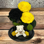 Set De 3 Trandafiri Criogenati 2 Galbeni 1 Negru În Cupolă De Sticlă Elegantă - Trandafir - Criogenat.ro
