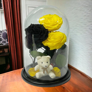 Set De 3 Trandafiri Criogenati 2 Galbeni 1 Negru În Cupolă De Sticlă Elegantă - Trandafir - Criogenat.ro