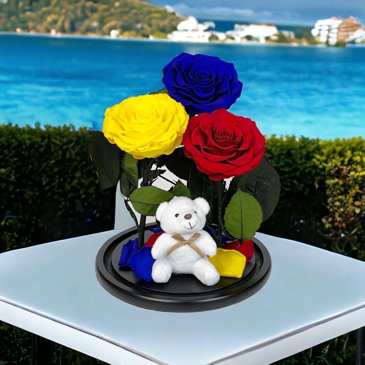 Set De 3 Trandafiri Criogenati De Lux Albastru Galben Roșu Sub Cupolă De Sticlă - Trandafir - Criogenat.ro