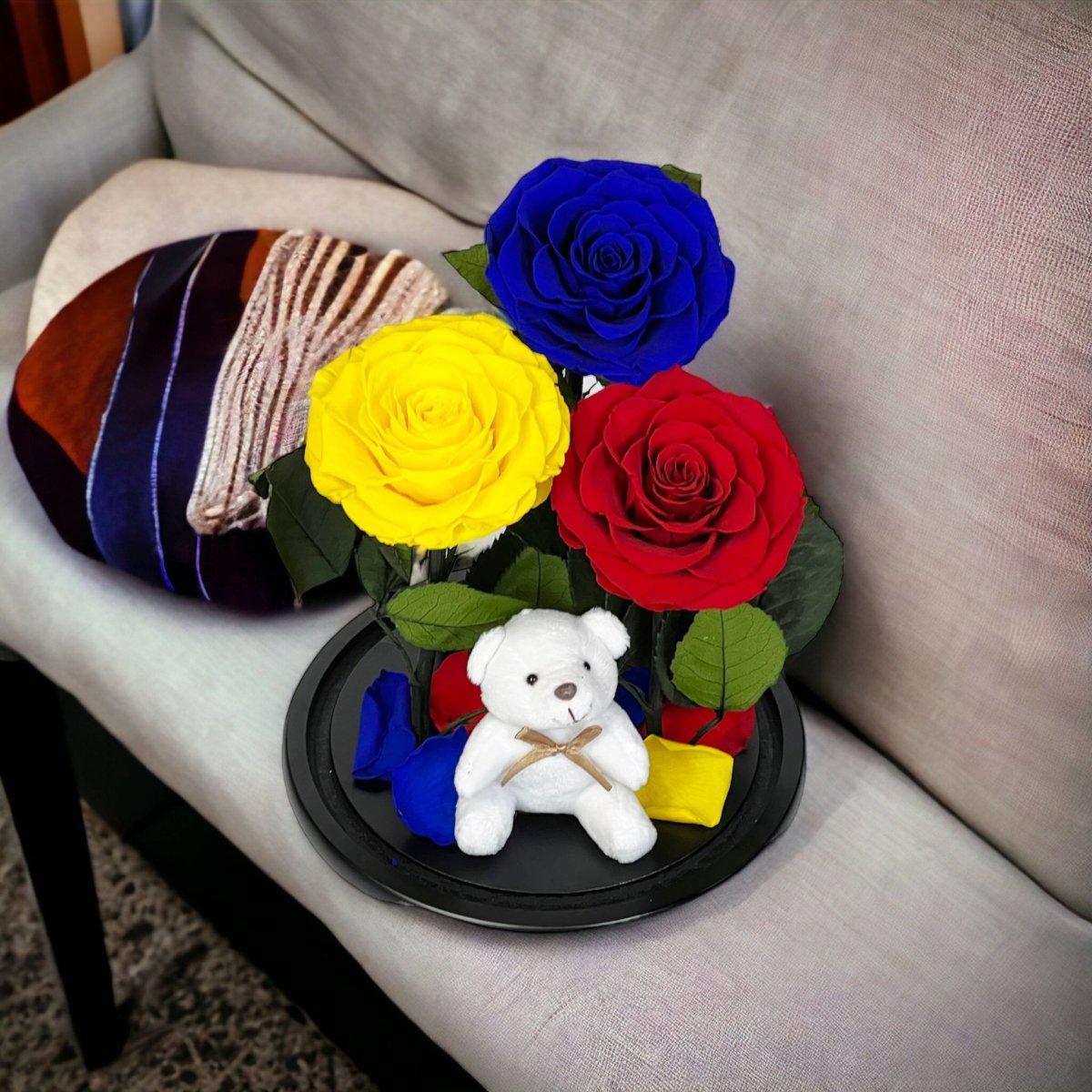 Set De 3 Trandafiri Criogenati De Lux Albastru Galben Roșu Sub Cupolă De Sticlă - Trandafir - Criogenat.ro