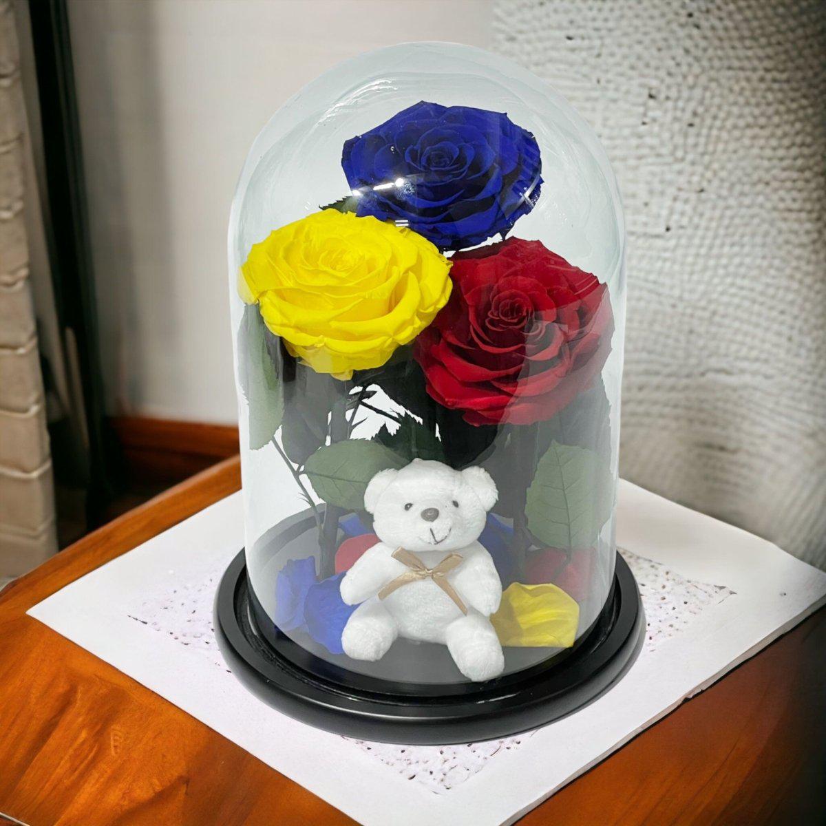 Set De 3 Trandafiri Criogenati De Lux Albastru Galben Roșu Sub Cupolă De Sticlă - Trandafir - Criogenat.ro