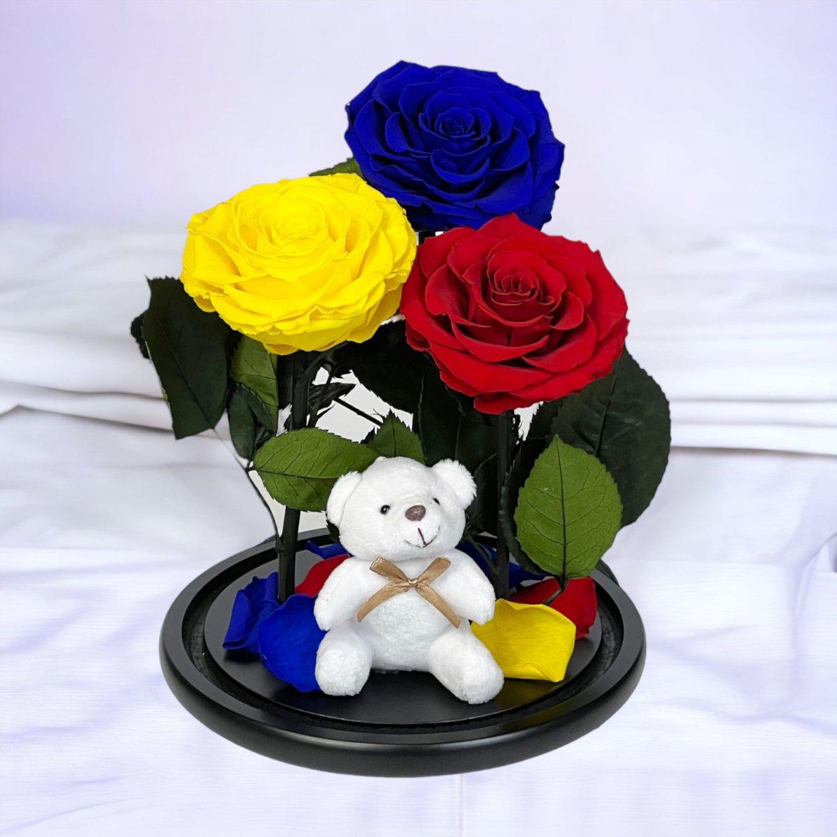 Set De 3 Trandafiri Criogenati De Lux Albastru Galben Roșu Sub Cupolă De Sticlă - Trandafir - Criogenat.ro