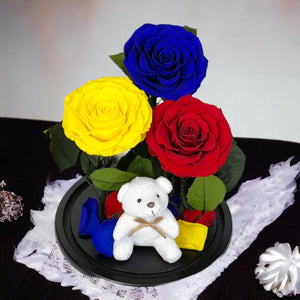 Set De 3 Trandafiri Criogenati De Lux Albastru Galben Roșu Sub Cupolă De Sticlă - Trandafir - Criogenat.ro