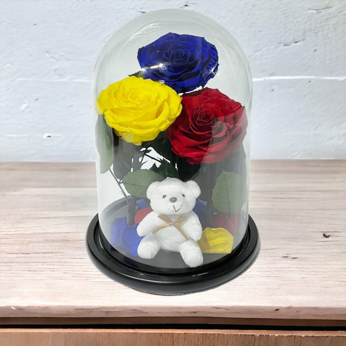 Set De 3 Trandafiri Criogenati De Lux Albastru Galben Roșu Sub Cupolă De Sticlă - Trandafir - Criogenat.ro