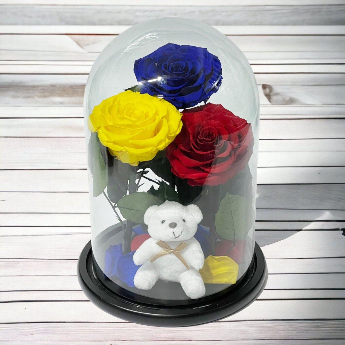 Set De 3 Trandafiri Criogenati De Lux Albastru Galben Roșu Sub Cupolă De Sticlă - Trandafir - Criogenat.ro