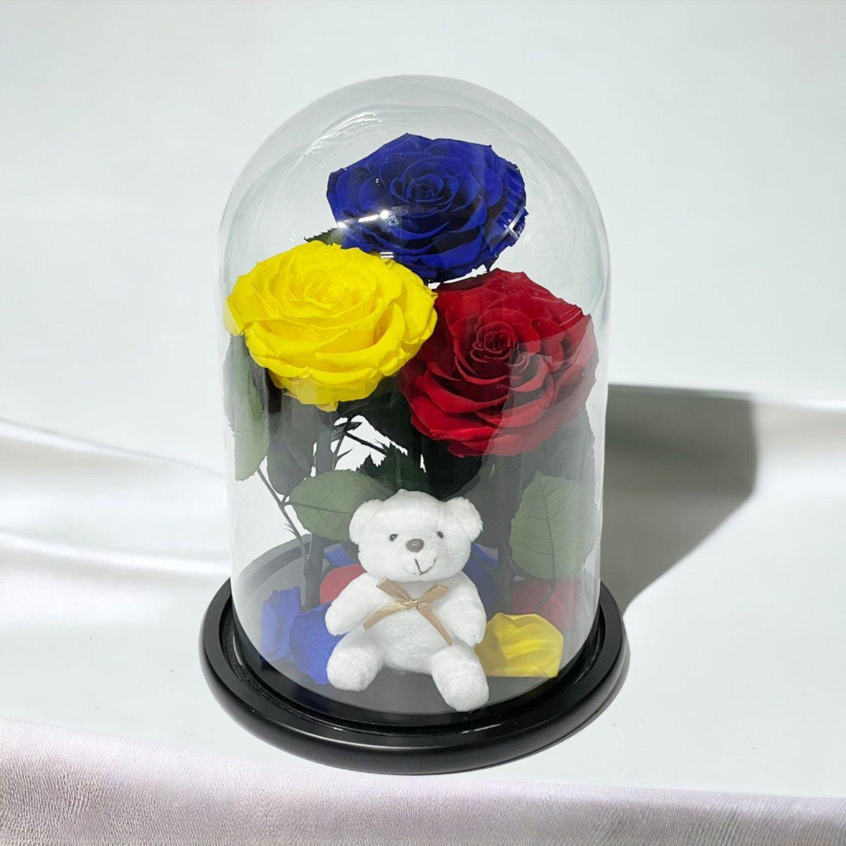 Set De 3 Trandafiri Criogenati De Lux Albastru Galben Roșu Sub Cupolă De Sticlă - Trandafir - Criogenat.ro