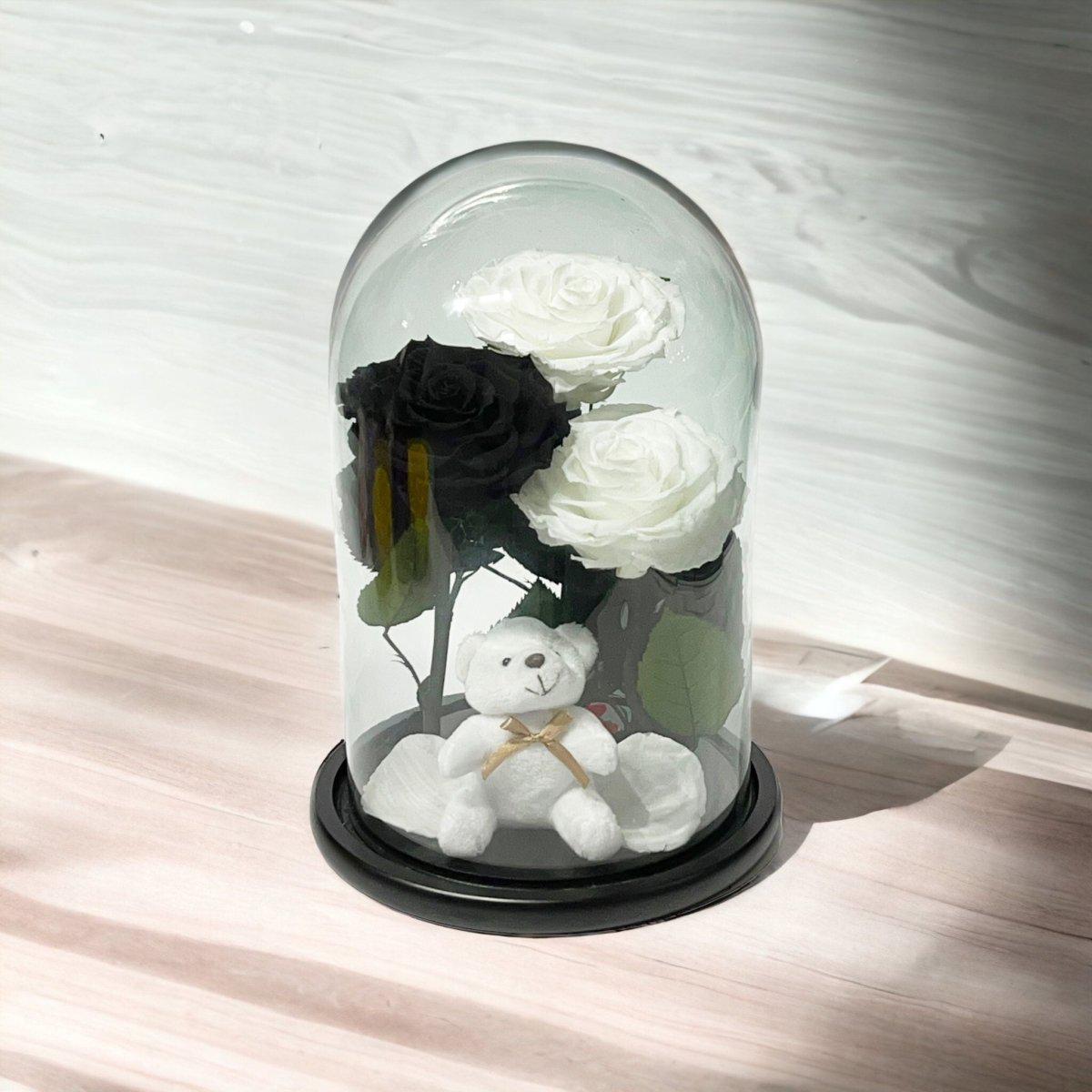 Set De 3 Trandafiri Criogenati In Cupolă De Sticlă Cu Ursuleț Plușat Cadou - Trandafir - Criogenat.ro