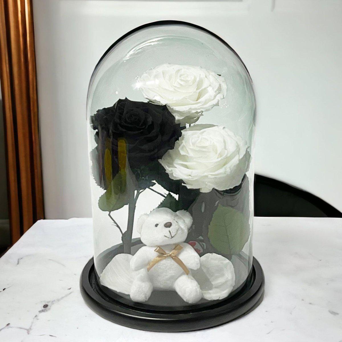 Set De 3 Trandafiri Criogenati In Cupolă De Sticlă Cu Ursuleț Plușat Cadou - Trandafir - Criogenat.ro