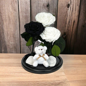 Set De 3 Trandafiri Criogenati In Cupolă De Sticlă Cu Ursuleț Plușat Cadou - Trandafir - Criogenat.ro