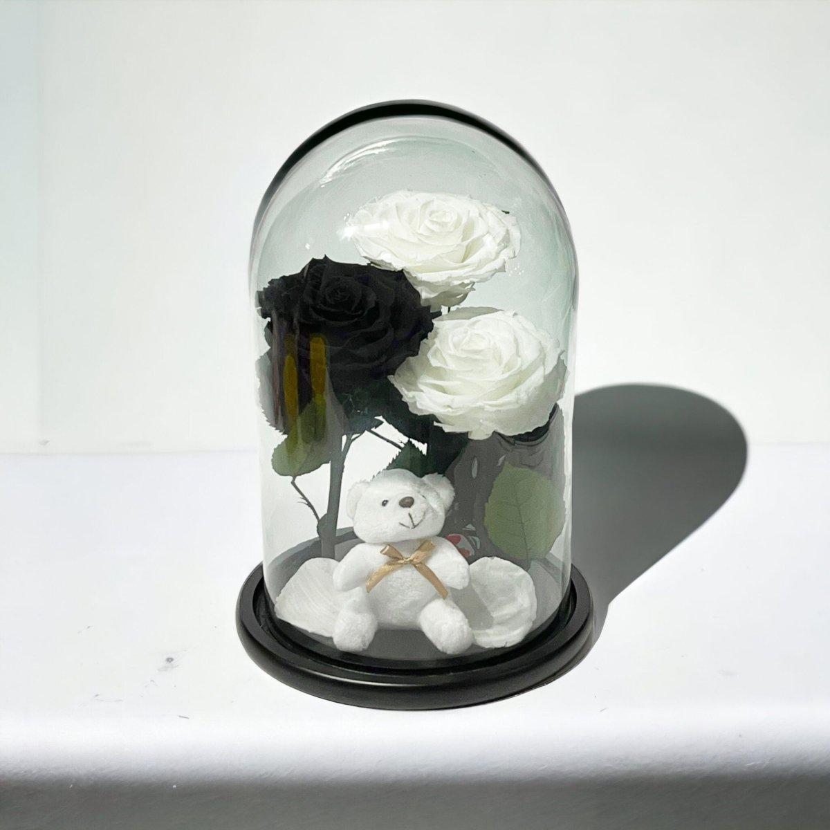 Set De 3 Trandafiri Criogenati In Cupolă De Sticlă Cu Ursuleț Plușat Cadou - Trandafir - Criogenat.ro