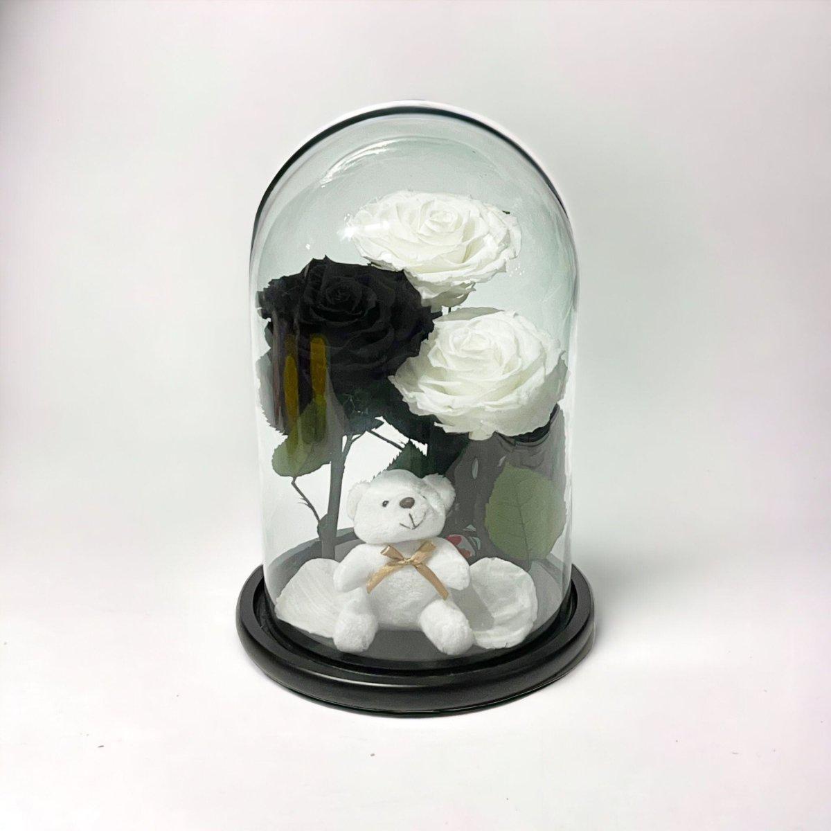 Set De 3 Trandafiri Criogenati In Cupolă De Sticlă Cu Ursuleț Plușat Cadou - Trandafir - Criogenat.ro